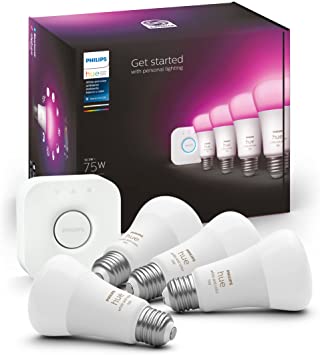 Philips Hue A19 LED Color Smart Bulb Starter Kit (75W 2021 Version), Compatible with Alexa, Apple HomeKit & Google Assistant, White and Color Ambiance (16 Million Colors), 4 Bulbs