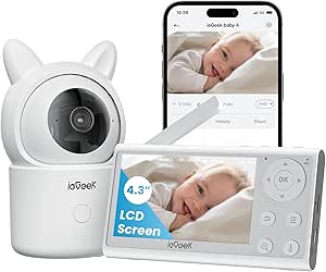 ieGeek Video Baby Monitor, 4.3" Wireless Display & 360°Auto Tracking Smart Camera, no WiFi LCD Monitor & Phone APP Control, Sound & Motion Detection, Temp & Humidity Sensor,FHD Night Vision,VOX Mode