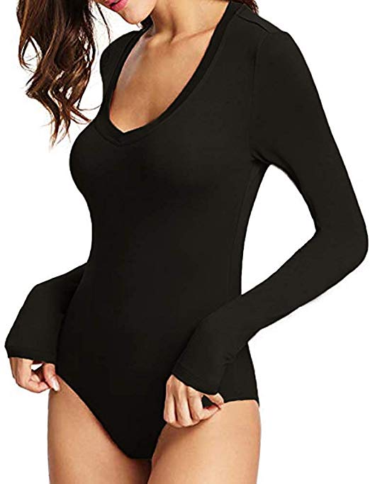 MANGOPOP Womens Modal V Neck Long Sleeve Bodysuit Jumpsuit