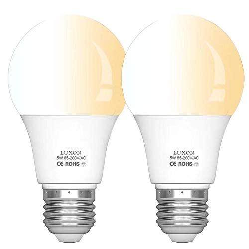 Motion Sensor Light Bulb Dusk to Dawn 5W Radar Motion Detector Light E26 Base A19 Indoor Outdoor Light Bulbs Soft White 2700K 450 Lumens LED Bulbs by LUXON Pack of 2