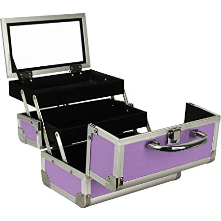 JustCase M1001 Cosmetic Makeup Train Case with Mirror and Easy Clean Extendable Trays, Purple Smooth