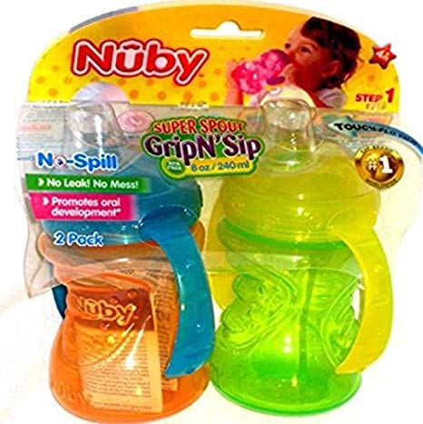 Nuby 2-Pack Two-Handle No-Spill Super Spout Grip N' Sip Cups, 8 Ounce (Orange & Green)