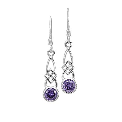 925 Sterling Silver Celtic Knot Purple Amethyst CZ Dangle Earrings 20 mm - Nickel Free