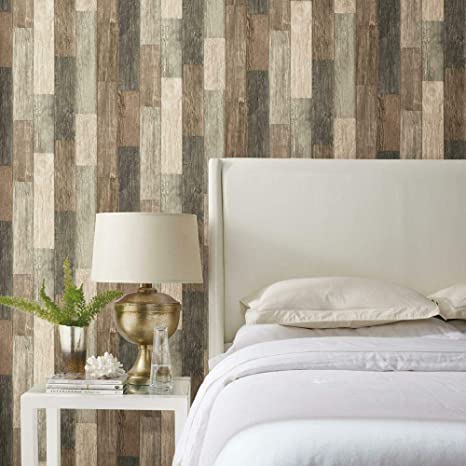 RoomMates RMK10841WP Dark Weathered Plank Peel and Stick Wallpaper, Brown, 20.5" x 16.5'