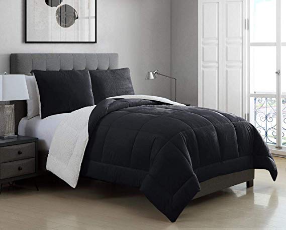 KingLinen 3 Piece Micromink Sherpa Silky Smooth Plush Oversized Black Comforter Set Full/Queen
