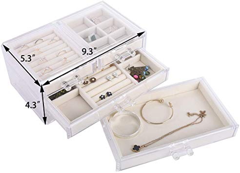Vencer Acrylic Jewelry Box 3 Drawers, Velvet Jewellery Organizer | Earring Rings Necklaces Bracelets Display Case Gift for Women, Girls