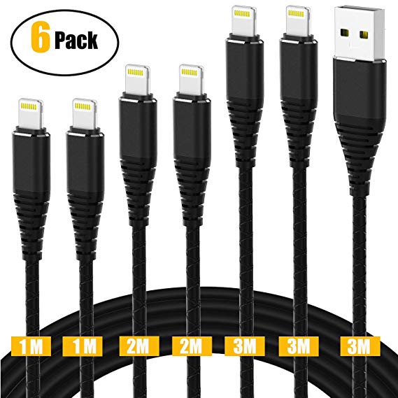 iPhone Charging Cable 6Pack, CABEPOW [2x1M 2x2M 2x3M] Certified Lightning Cable / Data Sync Fast iPhone Charger Cord Lead for Apple iPhone X/ 8/7/6/6s plus/SE/5c/5s/5 iPad Air/Mini iPod Nano/Touch (Black)