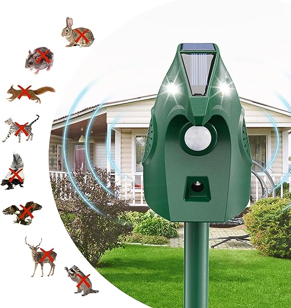 Animal Deterent,Solar Powered Animal-ControI-Device Waterproof Outdoor Animal Chase Device with Flashing-Light for Bird Skunk Squirrel Raccoon Cat Bobcats, Frequency 10-18kHZ