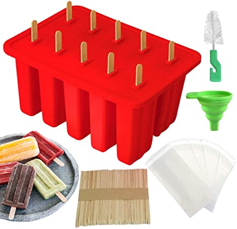 Homeleo Silicone Popsicle Ice Lolly Moulds, 10 Cavities Reusable Homemade Ice Treats Maker Tools Mold with 50 Popsicle Sticks,50 Popsicle Bags,Funnel,Cleaning Brush(Red)