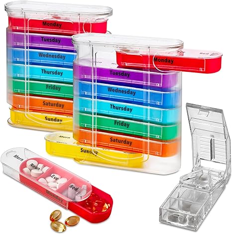 Weekly Pill Organizers with Pill Cutter - V-Grip Pill Splitter (Pack of 2) Stackable Pill, Medicine, Vitamin Organizer with 4 Times-a-Day Daily Compartments, 2 Dispensers with Stackable AM/PM Boxes