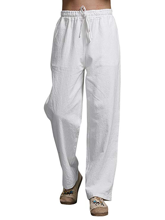 Karlywindow Mens Cotton Linen Casual Pants Elastic Waist Loose Fit Trousers Cargo Beach Pant