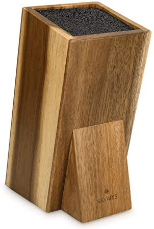 Navaris Universal Knife Block Holder - Acacia Wood Stand with Bristles to Fit Different Sizes of Knives - Angled Design, 9.8" x 5.9" x 4.1’"