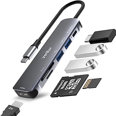 Verilux USB C Hub, USB C Adapter with 4 USB 3.0 Ports, High Speed Aluminum Data Hub Compatible with MacBook Pro, USB Type C Device (6 in 1 USB C Hub)
