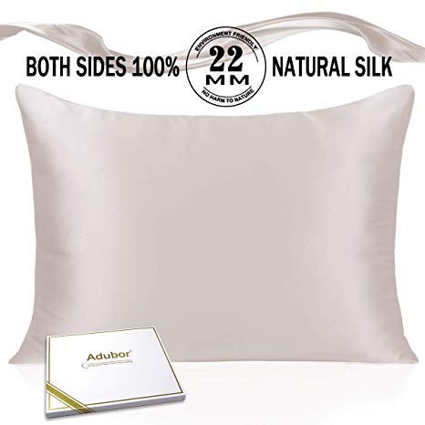 Adubor Silk Pillowcase 22 Momme 100% Natural Mulberry Silk Queen Size with Hidden Zipper Silk Pillow Covers for Hair and Skin Soft Breathable Both Sides Pure Silk, 20×30inch, 1Pack, Beige