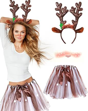 SATINIOR 3 Pcs Christmas Deer Costume for Girls Women Including Reindeer Antler Headband Freckle Tattoos Sticker Tutu Skirt