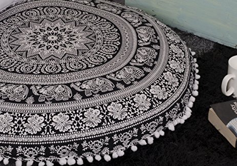 Popular Handicrafts Kp836 Large Hippie Elephant Mandala Floor Pillow-Cushion-Pouf Cover Round Bohemian Yoga Decor Floor Cushion Case- 32" Black and White