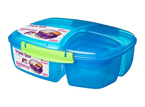 Sistema Lunch Collection Triple Split Lunch Box with Yogurt Pot Food Storage Container, 67.6 oz, Blue