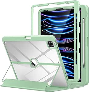 MoKo Case for iPad Pro 12.9 6th/5th/4th/3rd Generation 2022/2021/2020/2018 with Pencil Holder, iPad Pro 12.9 Case with Screen Protector Clear Back, Multi Angle Stand, Auto Wake/Sleep, Green