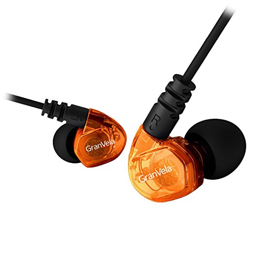 GranVela V6 Noise Isolating In-Ear Headphones Universal-Fit Earhook Earbuds with Mic Deep Bass Earphones for Sports, Running, Gym etc - Orange