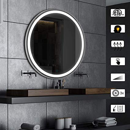 AI-LIGHTING Bathroom Mirror with Lights Large Dimmable LED Makeup Vanity Brushed Metal Mirror with Lights Touch Button Anti-Fog (Brushed Aluminum, 24inch)