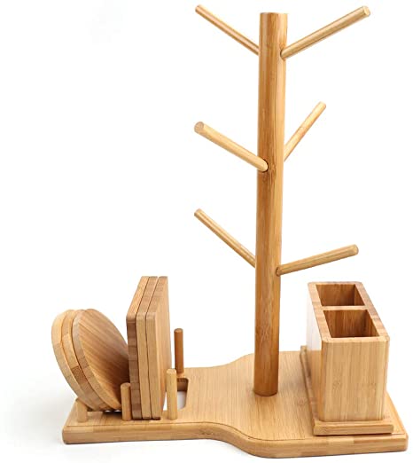 Freehawk Bamboo Mug Holder Mug Rack Tree Removable Bamboo Mug Stand with 6 Storage Hooks, 1 Bamboo Utensil Holder, 3 Round Bamboo Coaster and 3 Square Bamboo Coaster