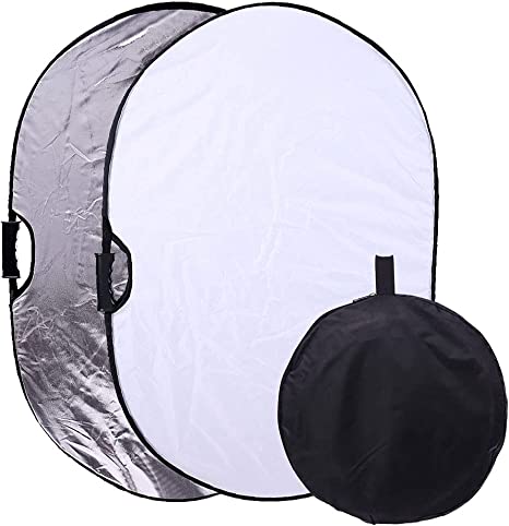 Portable Photography Reflector Collapsible 2-in-1 Oval Reflector 23"x35" / 60x90cm Multi-Disc Light Reflector with Handle for Photo Studio Lighting & Outdoor Lighting- Silver and White