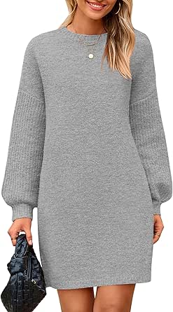 PRETTYGARDEN Women's 2024 Winter Pullover Sweaters Long Lantern Sleeve Crewneck Chunky Knit Slouchy Oversized Sweater Dress