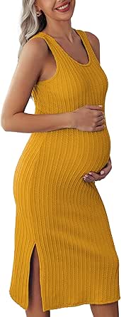 Ekouaer Women's Maternity Dress Rib Knit Sleeveless Tank Side Slit Bodycon Dresses Pregnancy Clothes S-XXL