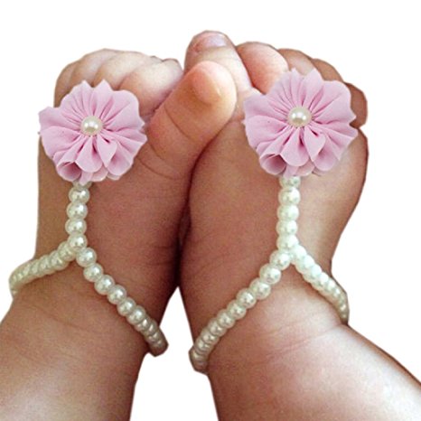 FEITONG@ 2015 Cute Pearl Chiffon Barefoot Toddler Foot Flower Beach Sandals