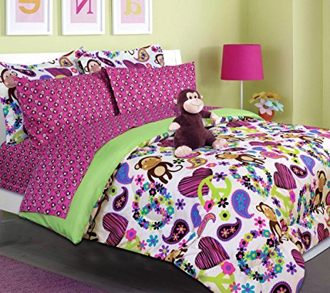 Girls Kids Bedding-FABIAN MONKEY Tween Teen Dream Bed In A Bag. TWIN SIZE Comforter set, Sheet Set and Plush Toy Included -Peace, Hearts-Hot Pink, Turquoise Blue, Purple, Black and White