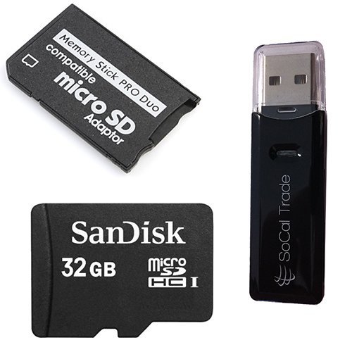 Sandisk 32GB 32G Class 4 microSD MicroSDHC Card with MicroSDHC to Memory Stick MS Pro Duo Adapter for Sony PSP and Cybershot Cameras with SoCal Trade Micro SDHC and SD Dual Slot Memory card Reader