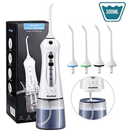 Cordless Water Flosser Oral Irrigator, Nicefeel IPX7 Waterproof 300ML 3-Mode USB Rechargable Professinal Portable Water Dental Flosser with 4 Jet Tips for Braces and Teeth Whitening of Family
