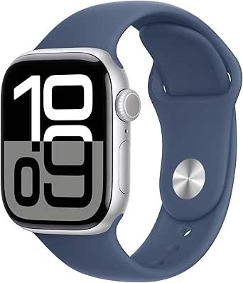 Apple Watch Series 10 [GPS 42mm case] Smartwatch with Silver Aluminium Case with Denim Sport Band - M/L. Fitness Tracker, ECG App, Always-On Retina Display, Water Resistant