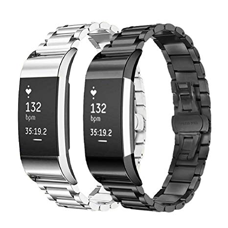 Accessory Bands for Fitbit Charge 2, SailFar 2 PCS Stainless Steel Metal Replacement Bracelet Strap Wrist Smart Watch Band for Fitbit Charge 2 HR, Small/Large, Men/Women(Black   Silver)