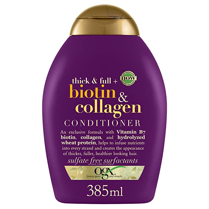 OGX Thick & Full   Biotin & Collagen Volumizing Conditioner | Vitamin B7, Collagen & Hydrolyzed Wheat Protein, For Thicker Fuller Healthier looking Hair Sulfate Parabens Free 385 ml