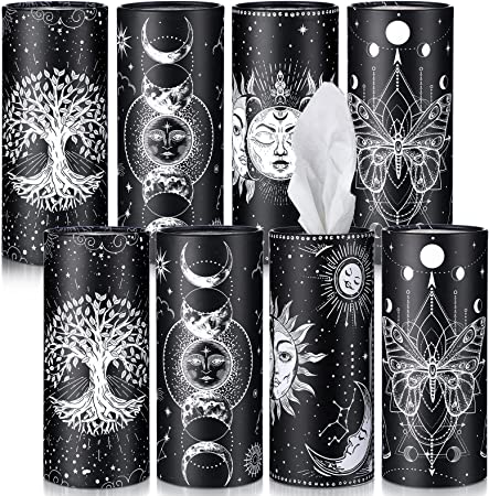 Blulu 8 Pcs Car Tissues Cylinder Tissues Cube Box Holder Boho Moon Car Facial Tissue Napkins Round Disposable Tissues Boxes for Car Cup Holder Napkin Container for Travel Party Adventure (Moon)