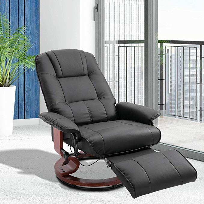 Faux Leather Adjustable Traditional Manual Swivel Recliner Chair Ottoman Black AG9