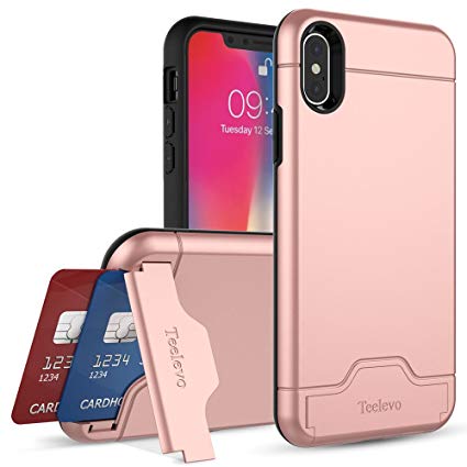 iPhone X Case, Teelevo [Card Slot Holder] Dual Layer Shock Absorbent Wallet Case with Credit Card Holder and Kickstand [Heavy Duty Protection] for Apple iPhone X (2017) - Rose Gold