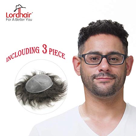 Lordhair Toupee for Men With 100% Human Hair S25 0.03mm Ultra Thin Skin V-looped Hair System Set #1B (Including 3 Pieces, 133 Per Unit)（19 Colors Available）