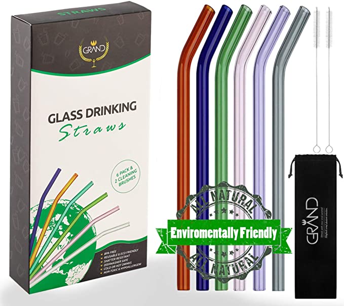 Reusable Glass Drinking Straws. Set of 6 Non-Toxic, Hypoallergenic and Eco Friendly Straws for use with Cold and Hot Drinks. A Family Multi-Colour pack of 6 Straws that can replace all Plastic Straws.