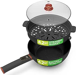 4L Electric Frying Pan & 4L Steamer | Multifunctional Portable 1000W Non-Stick Pot for Cooking | Durable Heat Safe Handle | Touch Control Panel | Includes a Spatula | Black