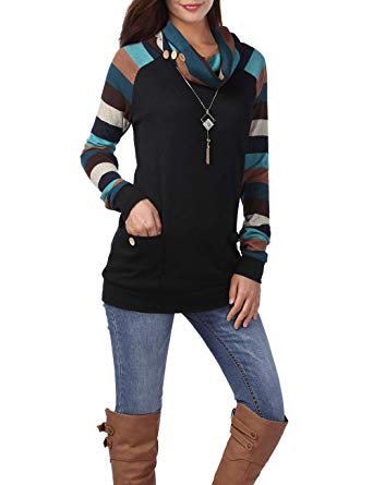 BaiShengGT Womens Long Sleeve Button Cowl Neck Casual Slim Tunic Tops with Pockets
