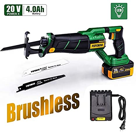 POPOMAN Brushless 20V MAX Reciprocating Saw with LED, Cordless Compact Reciprocating Saw kit with Battery Indicator, Step-less Variable Speed, 4.0 Ah Lithium-Ion Battery and 1 Fast Charger - MTW200B