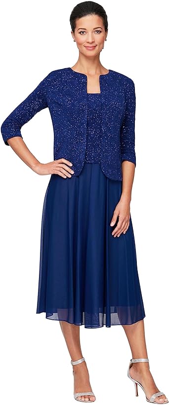 Alex Evenings Women's Tea Length Mock Dress with Sequin Jacket (Petite and Regular Sizes)