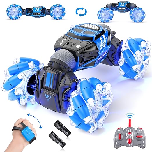 Powerextra Gesture RC Stunt Car, Remote Control Car, with Light & Music for Kids Gesture Sensing RC Stunt Car, Double Sided Rotating Off-Road Vehicle 360° Flips with 2 Batteries, Boy's Birthday Gift