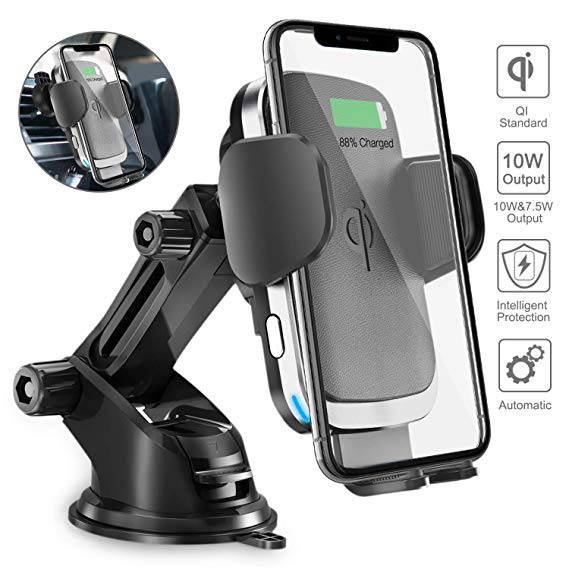 Wireless Car Charger Holder, Acokki 10W/7.5W Qi Fast Charging Auto-Clamping Car Phone Holder, Windshield Dashboard Air Vent Car Mount Compatible with iPhone Samsung Nexus HTC Sony Huawei (Silver)
