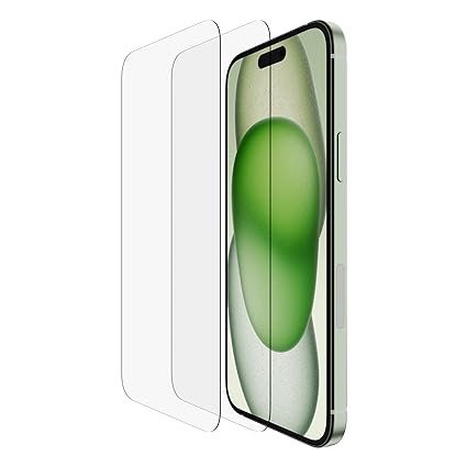 Belkin Tempered Glass Screen Protector Guard for iPhone 15 Plus with Easy Installation Frame - 2 Pack