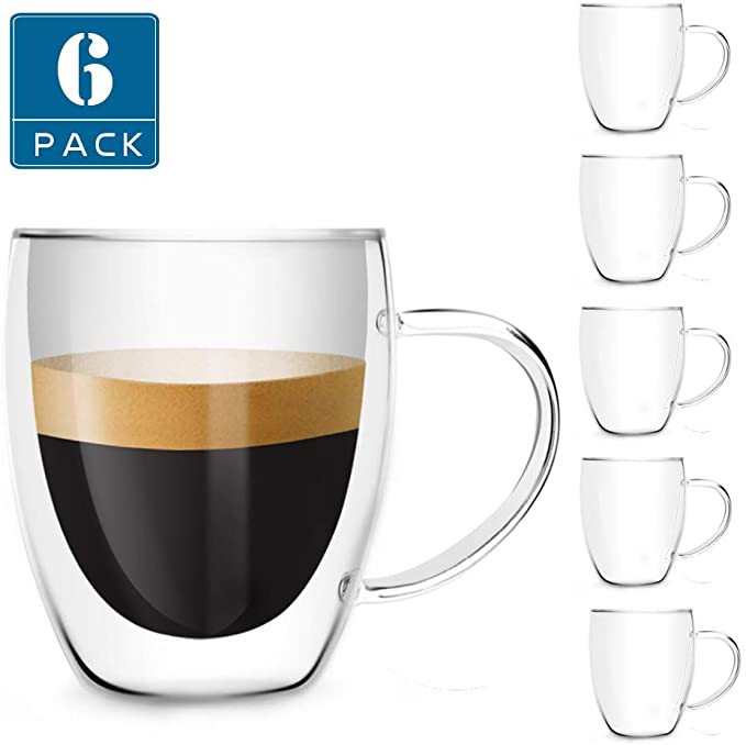 [6-Pack, 12 Oz] DESIGN•MASTER - Premium Double Wall Insulated Glass with Handle, Coffee or Tea Glass Mugs, Thermo Insulated Glass, Perfect for Latte, Cappuccino, Americano, Tea and Beverage