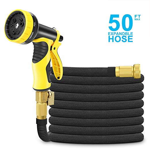 Cysmile 50ft Expandable Garden Hose, Triple Layer Latex Core All Brass Connectors Expanding Water Hose 9 Pattern High-Pressure Water Spray Nozzle Plant Watering & Car,Pet Washing Black