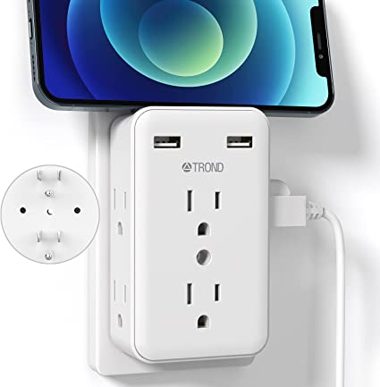 Multi Plug Outlet Extender, TROND Outlet Splitter (Non Surge Protection) with 2 USB Charging Ports, 3-Prong Grounded Wall Tap Adapter, ETL Listed, Plug Extender for Home Kitchen Cruise Travel, White